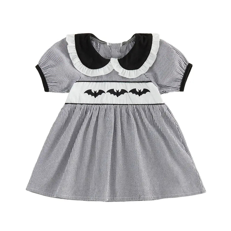 Toddler Baby Little Girls Halloween Dress Doll Collar Ghost/Witch Hat/Bat Print Short Sleeve Striped Dress 6M-5T, Costume, Baby Clothing