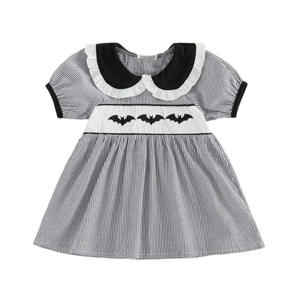 Toddler Baby Little Girls Halloween Dress Doll Collar Ghost/Witch Hat/Bat Print Short Sleeve Striped Dress 6M-5T, Costume, Baby Clothing
