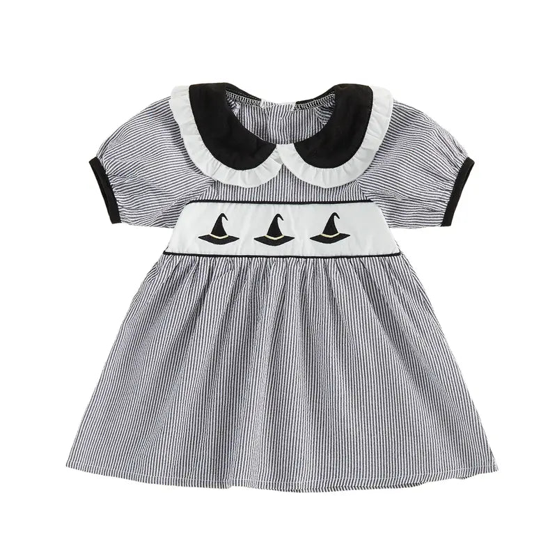 Toddler Baby Little Girls Halloween Dress Doll Collar Ghost/Witch Hat/Bat Print Short Sleeve Striped Dress 6M-5T, Costume, Baby Clothing