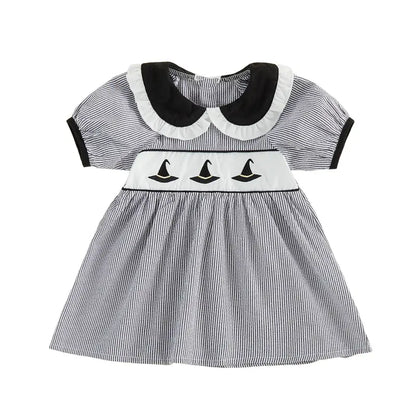 Toddler Baby Little Girls Halloween Dress Doll Collar Ghost/Witch Hat/Bat Print Short Sleeve Striped Dress 6M-5T, Costume, Baby Clothing