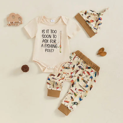Canrulo Newborn Baby Boy Fishing Outfit Letter Short Sleeve Romper Fish Print Pants Hat 3Pcs Set Baby Fishing Summer Clothes