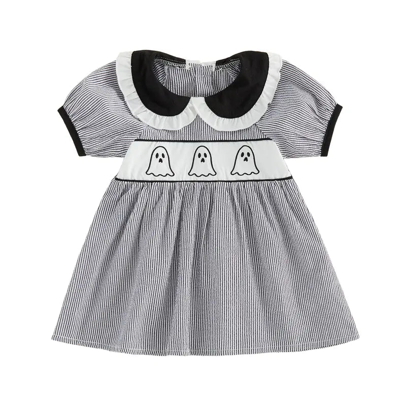 Toddler Baby Little Girls Halloween Dress Doll Collar Ghost/Witch Hat/Bat Print Short Sleeve Striped Dress 6M-5T, Costume, Baby Clothing
