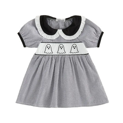 Toddler Baby Little Girls Halloween Dress Doll Collar Ghost/Witch Hat/Bat Print Short Sleeve Striped Dress 6M-5T, Costume, Baby Clothing