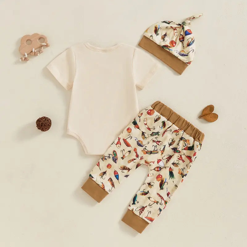 Canrulo Newborn Baby Boy Fishing Outfit Letter Short Sleeve Romper Fish Print Pants Hat 3Pcs Set Baby Fishing Summer Clothes