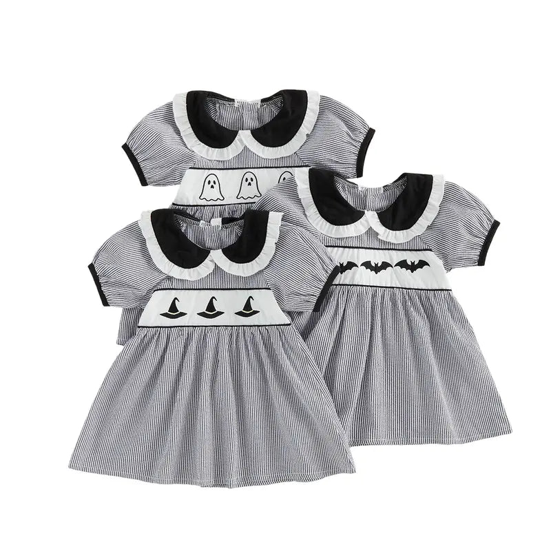 Toddler Baby Little Girls Halloween Dress Doll Collar Ghost/Witch Hat/Bat Print Short Sleeve Striped Dress 6M-5T, Costume, Baby Clothing