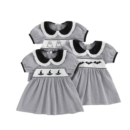 Toddler Baby Little Girls Halloween Dress Doll Collar Ghost/Witch Hat/Bat Print Short Sleeve Striped Dress 6M-5T, Costume, Baby Clothing