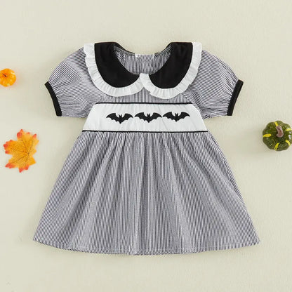 Toddler Baby Little Girls Halloween Dress Doll Collar Ghost/Witch Hat/Bat Print Short Sleeve Striped Dress 6M-5T, Costume, Baby Clothing
