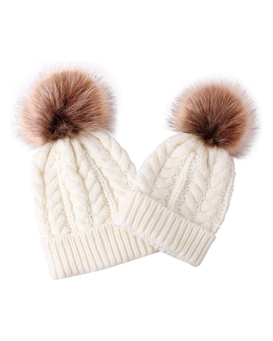 Mom and Me matching pom beanie set in White