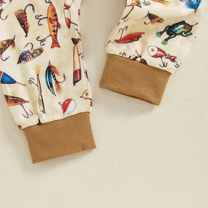 Canrulo Newborn Baby Boy Fishing Outfit Letter Short Sleeve Romper Fish Print Pants Hat 3Pcs Set Baby Fishing Summer Clothes