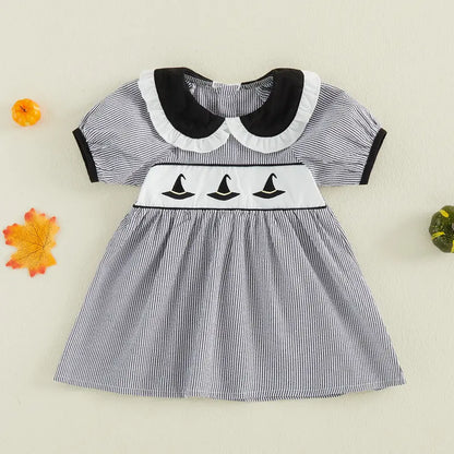 Toddler Baby Little Girls Halloween Dress Doll Collar Ghost/Witch Hat/Bat Print Short Sleeve Striped Dress 6M-5T, Costume, Baby Clothing