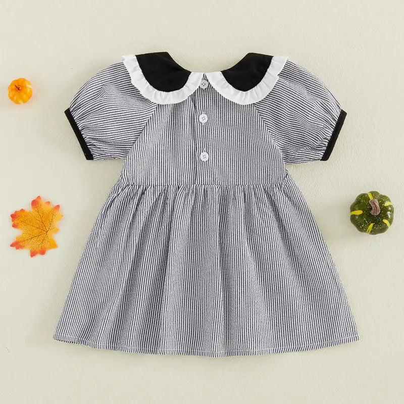 Toddler Baby Little Girls Halloween Dress Doll Collar Ghost/Witch Hat/Bat Print Short Sleeve Striped Dress 6M-5T, Costume, Baby Clothing