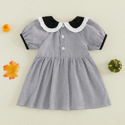 Toddler Baby Little Girls Halloween Dress Doll Collar Ghost/Witch Hat/Bat Print Short Sleeve Striped Dress 6M-5T, Costume, Baby Clothing