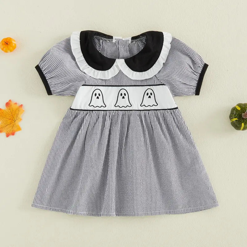 Toddler Baby Little Girls Halloween Dress Doll Collar Ghost/Witch Hat/Bat Print Short Sleeve Striped Dress 6M-5T, Costume, Baby Clothing