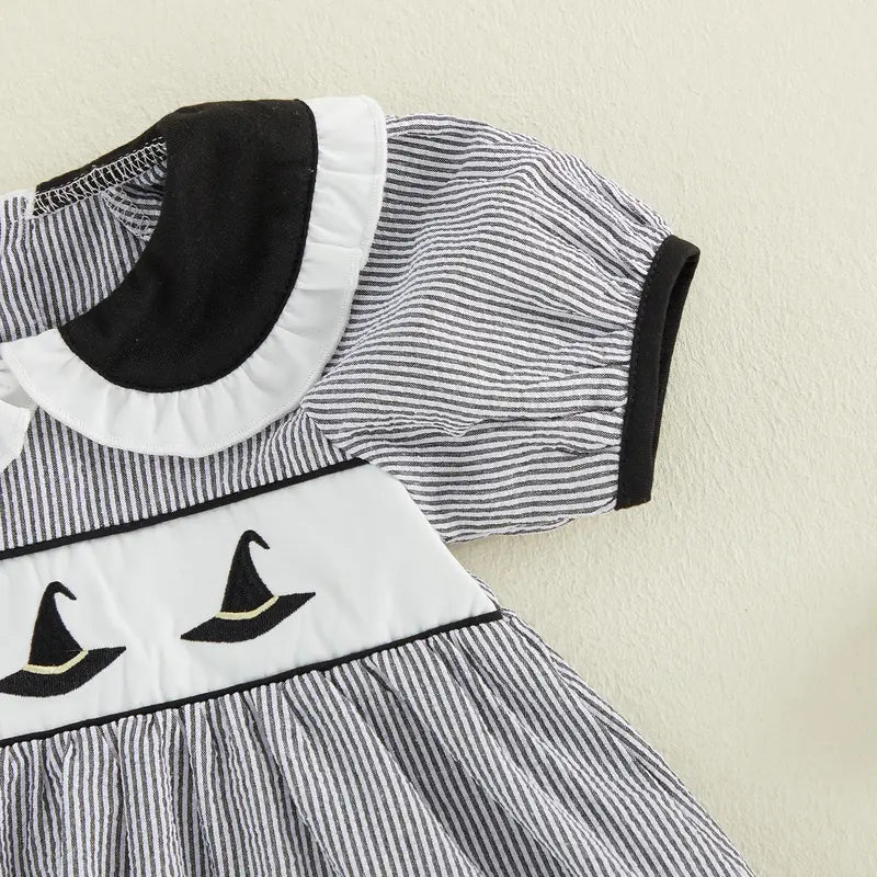 Toddler Baby Little Girls Halloween Dress Doll Collar Ghost/Witch Hat/Bat Print Short Sleeve Striped Dress 6M-5T, Costume, Baby Clothing