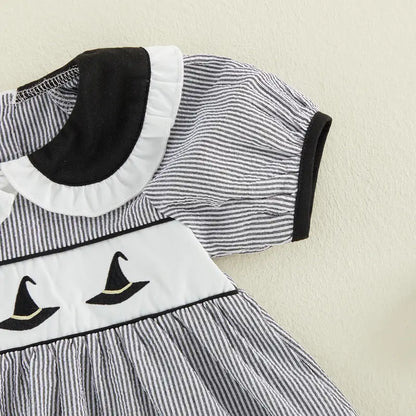 Toddler Baby Little Girls Halloween Dress Doll Collar Ghost/Witch Hat/Bat Print Short Sleeve Striped Dress 6M-5T, Costume, Baby Clothing